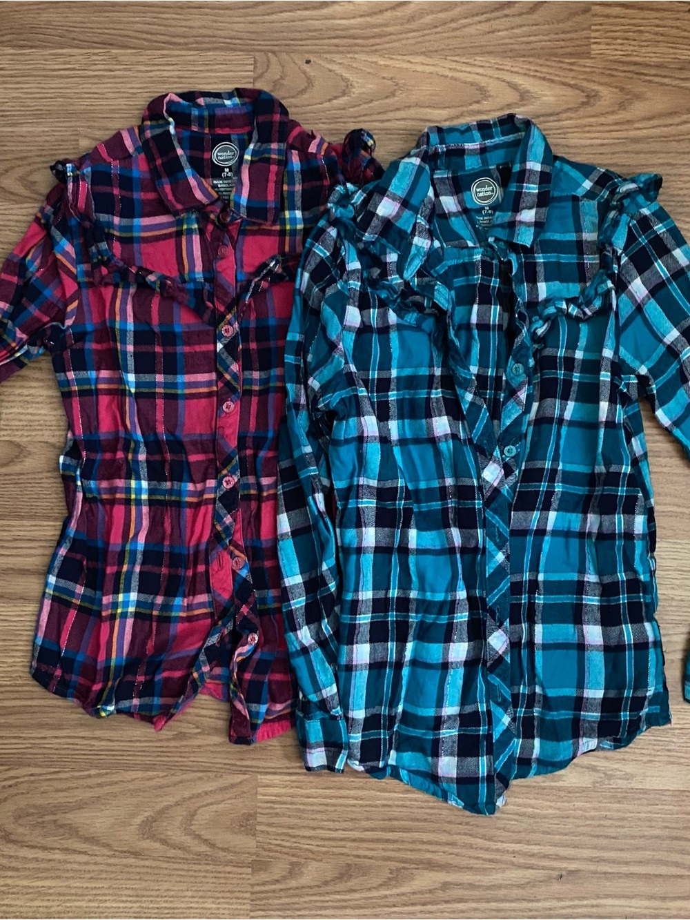 2 Girls Wonder Nation Plaid Ruffle Button Up Shirt: Size 7/8